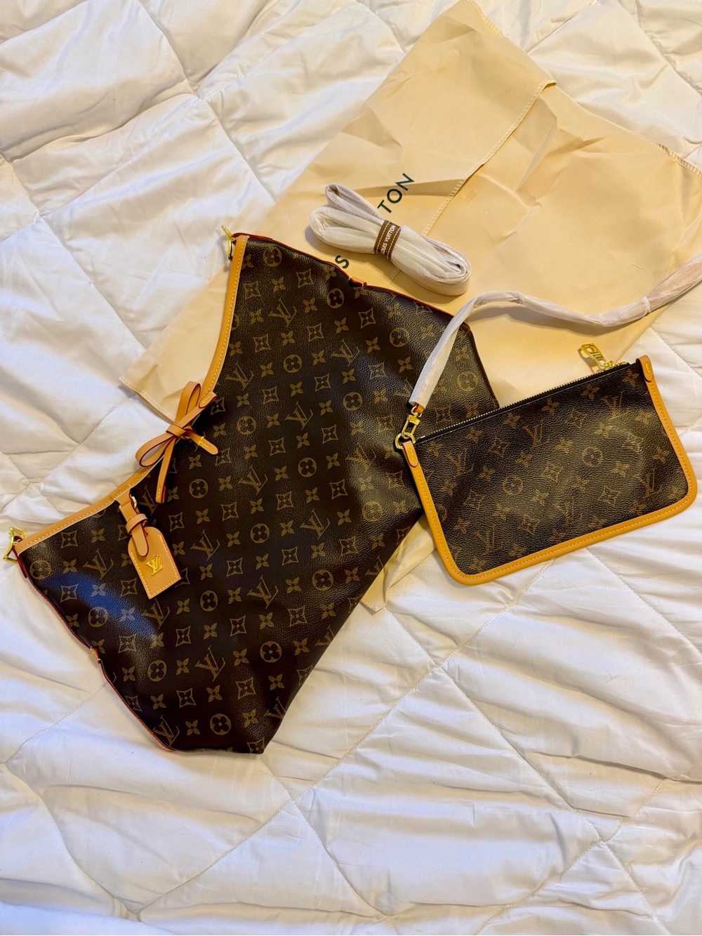 Louis Vuitton Monogram Canvas Shoulder Tote in Brown with Tan Trim